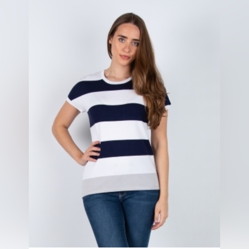 MARBLE Very Oversized(Medium) Classic White and Navy Light KnitTop